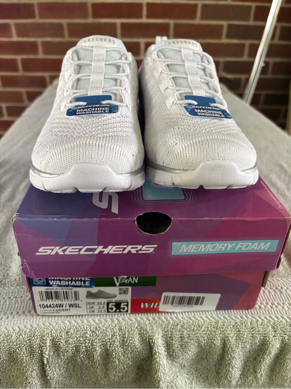 Skechers Women's White Knit Slip-On Memory Foam Athletic Sneakers